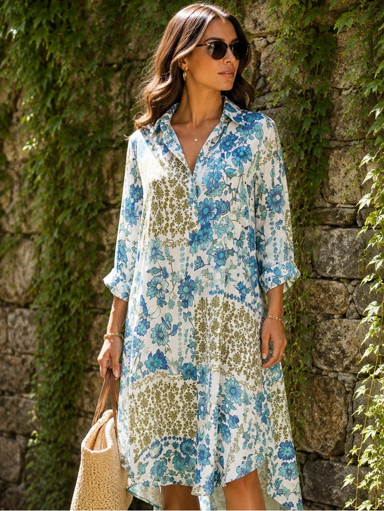 Rose & Olive Tops - ROSE + OLIVE Blue and White Floral Boho Chiffon Longline Tunic/Dress, M